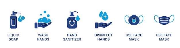 Virus Precaution Banner Sanitizer and Liquid Soap Wash Disinfect Hands Use Face Mask Icon