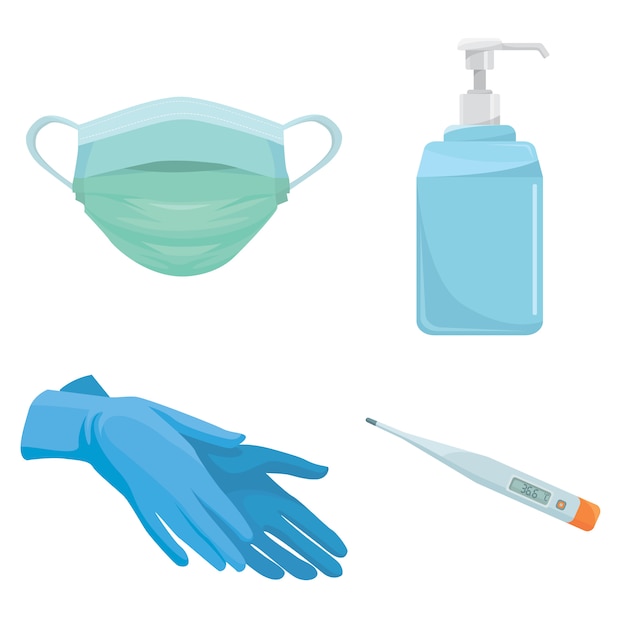 Virus prevention medical kit. Electronic thermometer, medical gloves, antiseptic, medical mask.