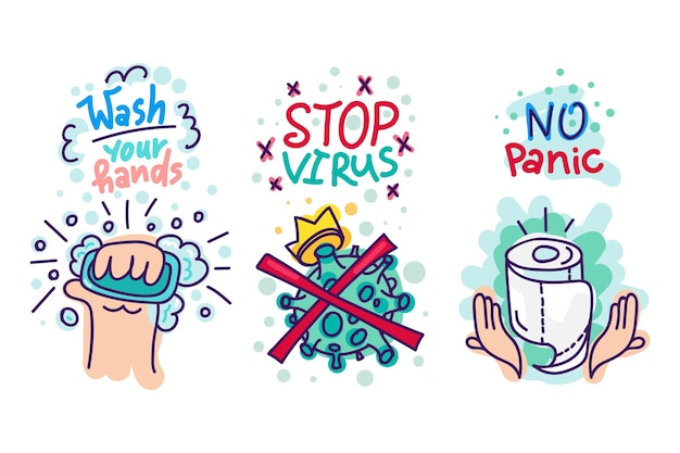 Vector virus protection stickers. cartoons badges with washing hand by soap with bubbles, virus with crown and toilet paper with hand drawn text for labels, poster, banner, template card, print. vector