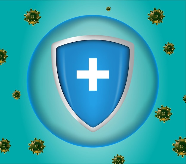 Protezione antivirus con concetto di scudo, scudo di sicurezza per protezione antivirus, scudo vettoriale.