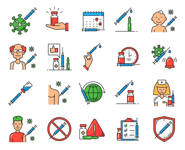 Virus vaccine and vaccination color line icons