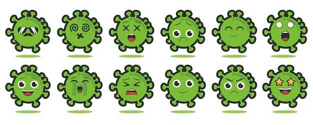 Vettore di virus con set di 12 emoticon