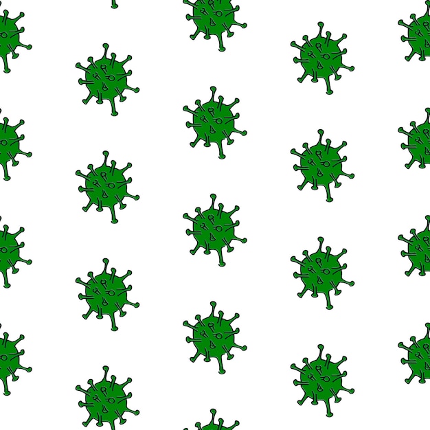 Virus e batteri scarabocchiano un motivo verde. sfondo senza soluzione di continuità. cellule batteriche di vettore di microbiologia su sfondo trasparente