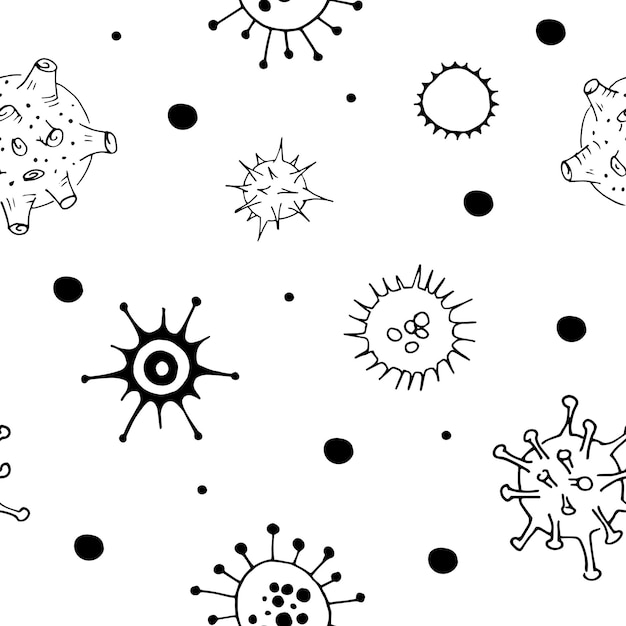 Viruses and bacteria doodle pattern. Seamless backdrop. Microbiology vector bacterial cells on transparent background.