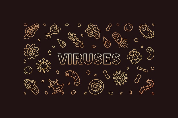 Viruses concept outline golden horizontal banner made with virus outline signs vector illustration with dark background