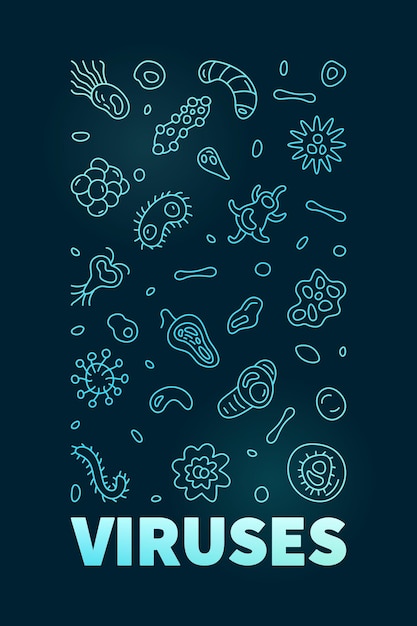 Viruses concept outline vector blue vertical banner made with virus linear signs and dark background