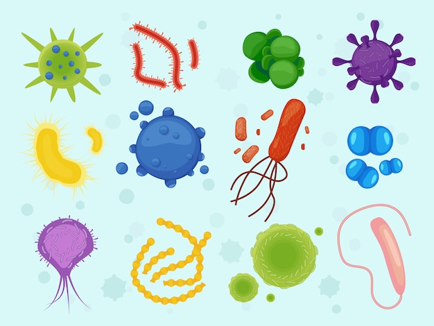 Viruses and microbes. different bacterias microscope view allergen helminths collection in cartoon style