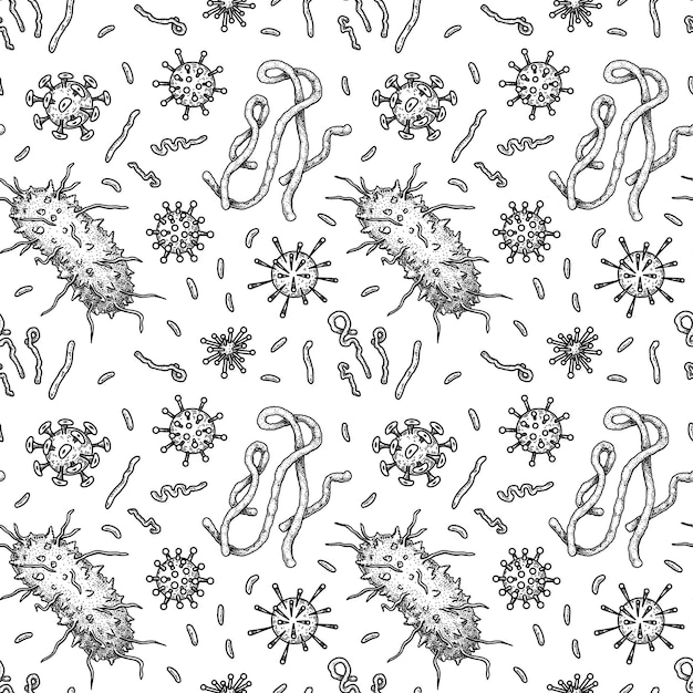 Virus patten senza cuciture illustrazione vettoriale disegnata a mano scientifica