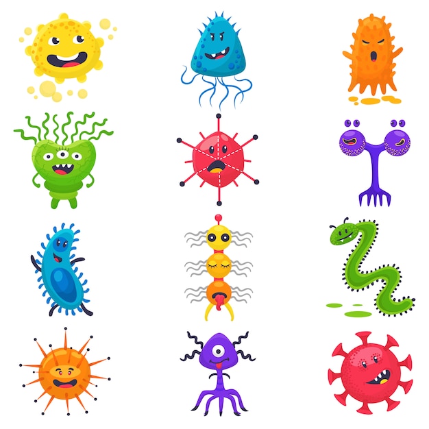 Viruses vector cartoon bacteria emoticon character of bacterial infection or ilness