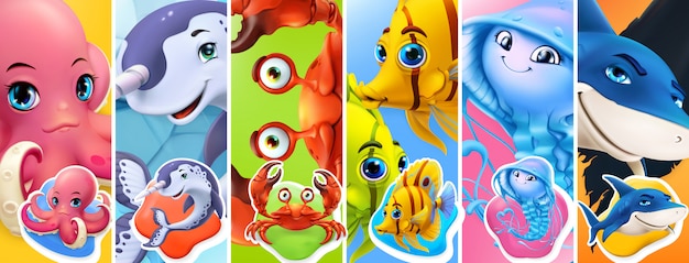 Vis en zeedieren. haai, octopus, kwal, krab, narwal. cartoon karakter 3d icon set