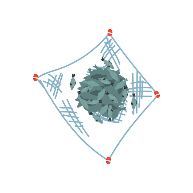 Vis in visserijnetten zeevruchten productie visindustrie vector illustratie geïsoleerd op een witte achtergrond