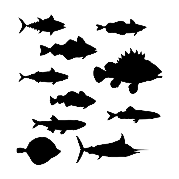 Vector vis zwart-wit silhouetten set van zeedieren