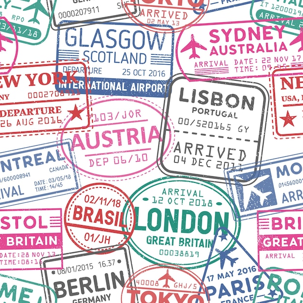 Visa stamps vector seamless pattern. austria, glasgow, london, brasil, sydney colorful stamps backdrop. visited countries and territories, travelling texture. wallpaper, wrapping paper design idea.