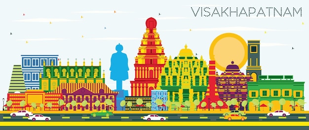 Горизонты города Индии Вишакхапатнам с цветными зданиями и голубым небом. Векторные иллюстрации. Деловые поездки и концепция туризма с исторической архитектурой. Вишакхапатнам городской пейзаж с достопримечательностями.