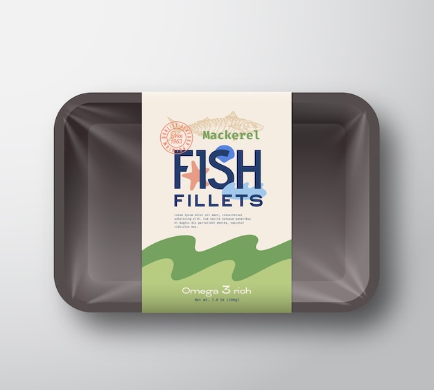 Visfilets pack. abstracte vis plastic dienblad container met cellofaan cover. verpakkingsetiket.