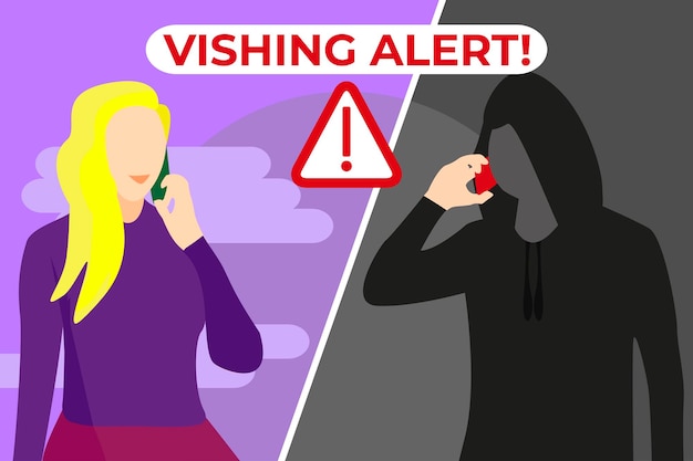 Vishing alert woman receiving a fraudulent call from a stranger trying to scam her