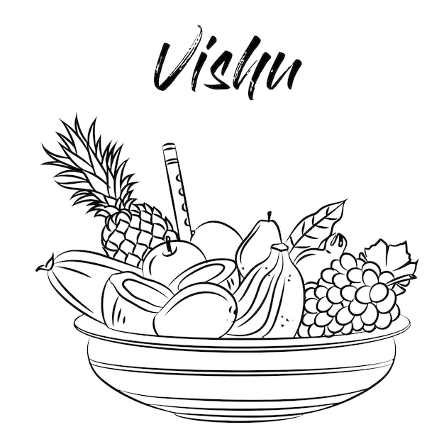 vishu festival all fruits in basket line drawing design