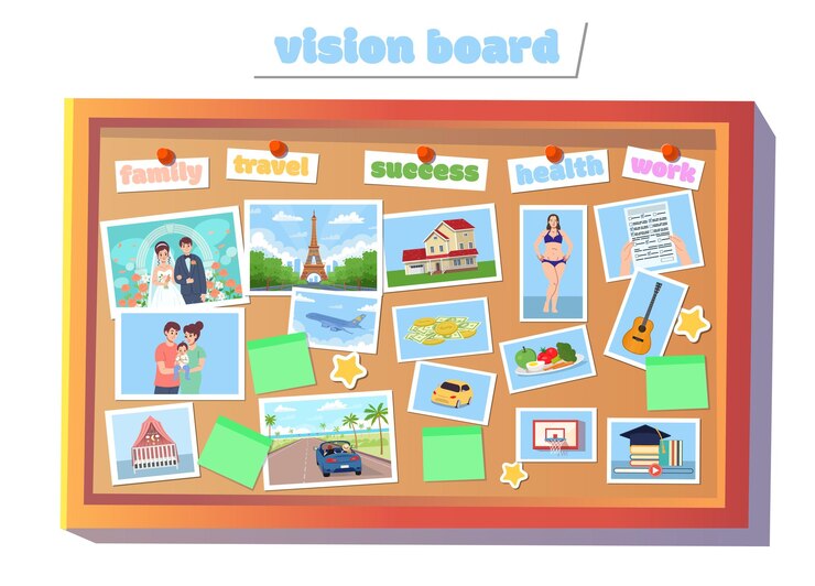 Vector vision board wish board with pictures visualization of all aspects of a person family travel