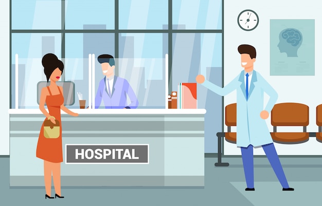 Vector visit to medical hospital,   illustration. woman came to hospital consult practitioner. staff medical institution, modern interior hospital reception. building for healthcare.