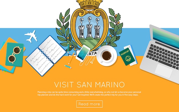 サンマリノのコンセプトをご覧ください。サンマリノの国旗のノートパソコン、サングラス、コーヒーカップの平面図です。フラットスタイルの旅行計画のウェブサイトのヘッダー。