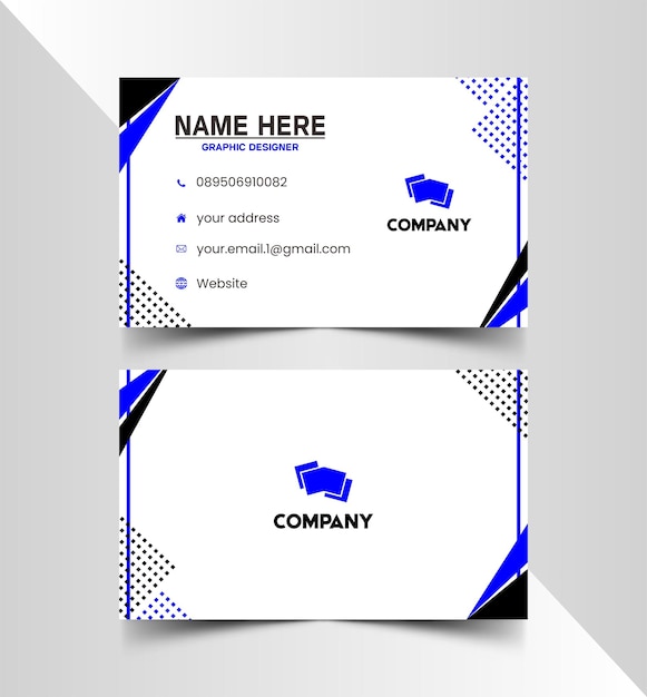 Visitekaartje voor een bedrijf met een blauwe en zwarte achtergrond.