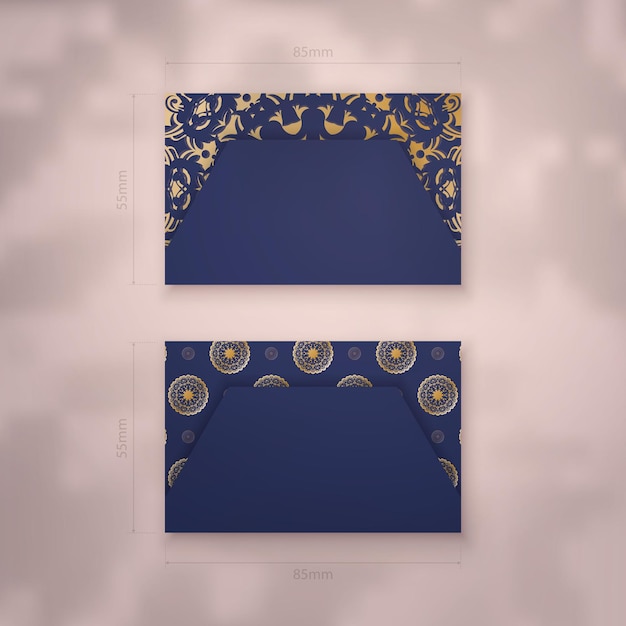 Visitekaartjesjabloon in donkerblauwe kleur met luxe gouden patroon voor uw contacten.