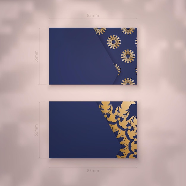 Visiting business card template in dark blue color with mandala gold ornament for your brand.