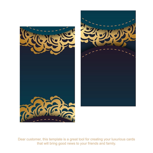 Visiting business card with gradient blue color with mandala gold pattern for your contacts.