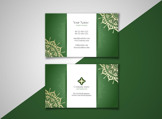 Visiting card design with mandala on green backgroun flat design