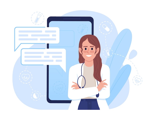 Visiting doctor online with mobile app 2d vector isolated illustration