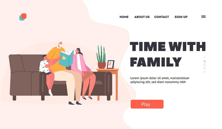 Vector visiting grandparent landing page template happy grandpa reading book to grandchildren boy and girl with grandfather