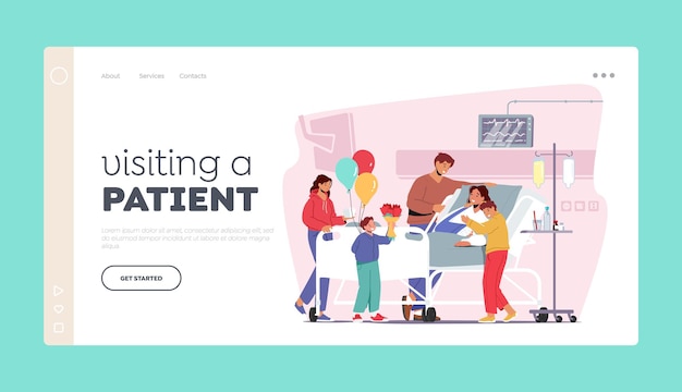 Vector visiting a patient landing page template. family characters visit mother in hospital. woman with broken arm lying on bed