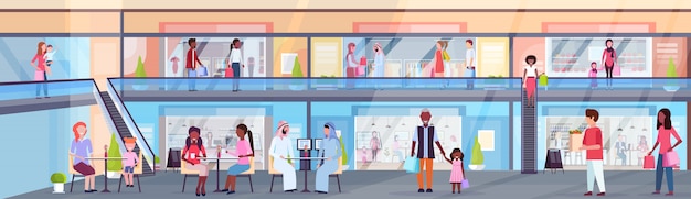 visitors walking modern shopping mall with clothes boutiques and coffee shops supermarket retail store interior mix race people eating in foot court horizontal full length flat