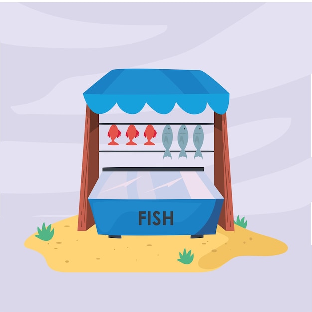 Vector vismarkt bij strandontwerp van winkel winkel illustratie