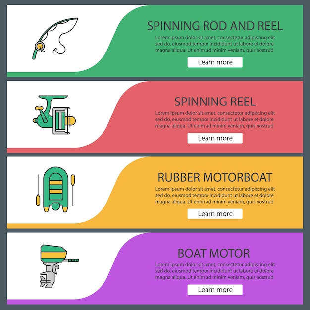 Vector vissen web banner sjablonen set. spinhengel en haspel, motorboot. menu-items in kleur van de website. ontwerpconcepten voor vectorkoppen