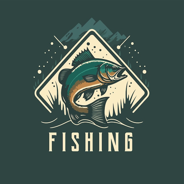 Vissende vis in het water logo pictogram vintage sjabloonontwerp
