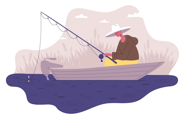 Visser die in boot vissen. mannelijke buitenactiviteit, visserskarakter met staaf die op vissen wachten die vectorillustratiereeks bijten. visserij sport recreatie