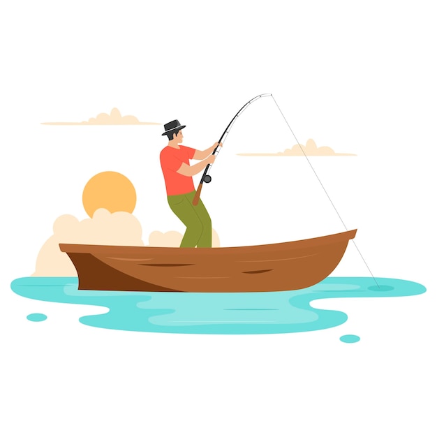 Visser in een houten boot illustratie concept