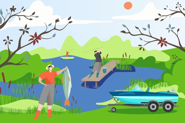 Visser mensen boot met vis vector illustratie zomer buiten hobby's man karakter op meer