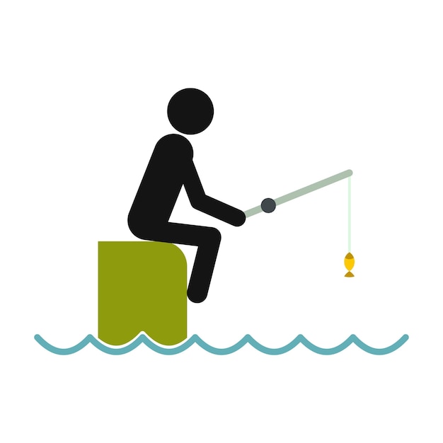 Vector visser zittend op de pier met staaf pictogram in vlakke stijl geïsoleerd op een witte achtergrond
