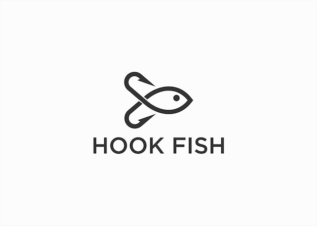 Visserij logo combinatie met vis en haak vector silhouet illustratie