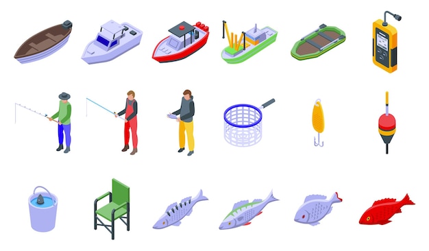 Visserij pictogrammen instellen isometrische vector Oceaan netto