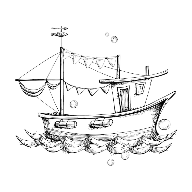 Vector visserijboot zeilboot met een krans van vlaggen drijvend op zeegolven met bubbels grafische lijnkunst met de hand getekend in zwart-wit monochrome maritieme nautische compositie