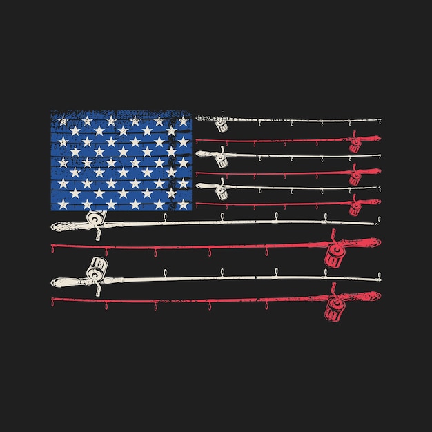 Vector visserijstokken amerikaanse vlag t-shirt design vintage visserij t-shirt