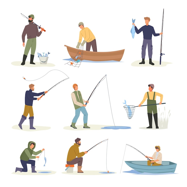 Vector vissers actieve outdoor hobby's voor mannelijke personages man met hengels vector cartoon illustraties