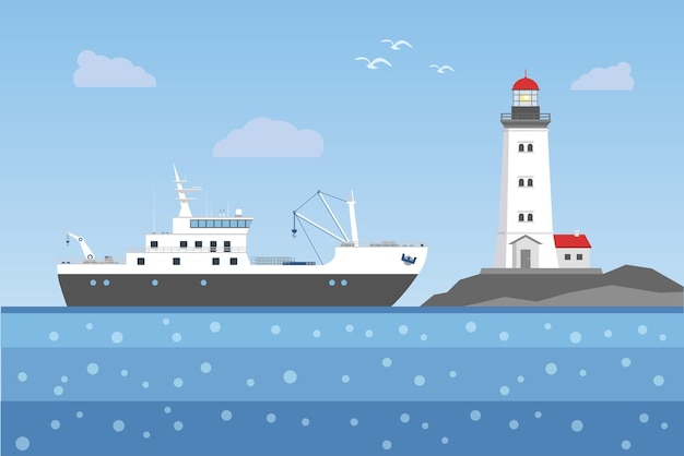 Vissersboot tegen de vuurtoren. vector illustratie.