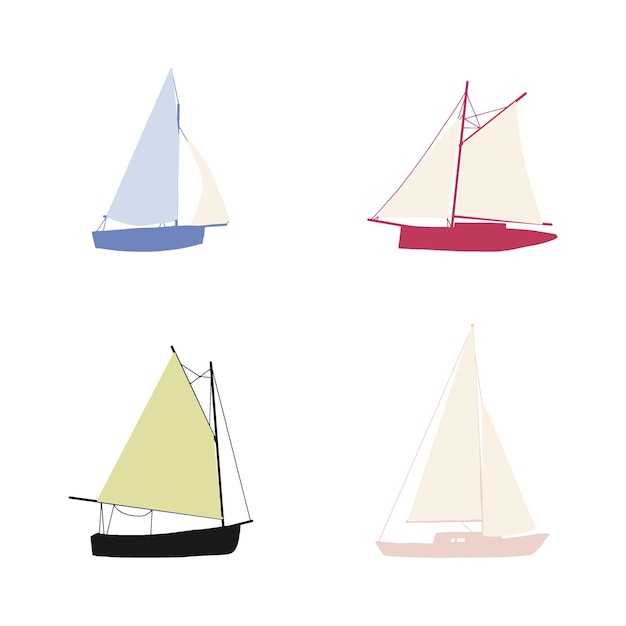 Vissersboot tekening set geïsoleerd op wit Kleurrijke icoon collectie Kleine schepen in schattig plat ontwerp
