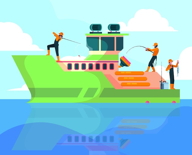 Vissersvaartuig achtergrond Matrozen karakters outdoor hobby activiteiten in rivier of zee opzichtige vector visser in cartoon-stijl