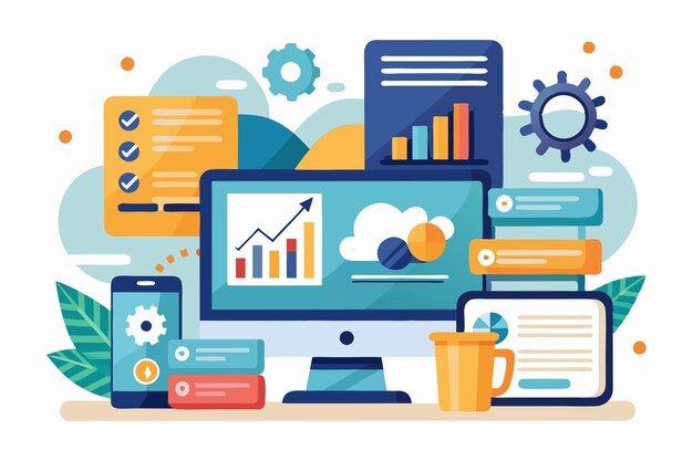 visual representation of data input activities featuring folders charts and digital tools in a workspace trending data input activities with folders and computers in flat illustration
