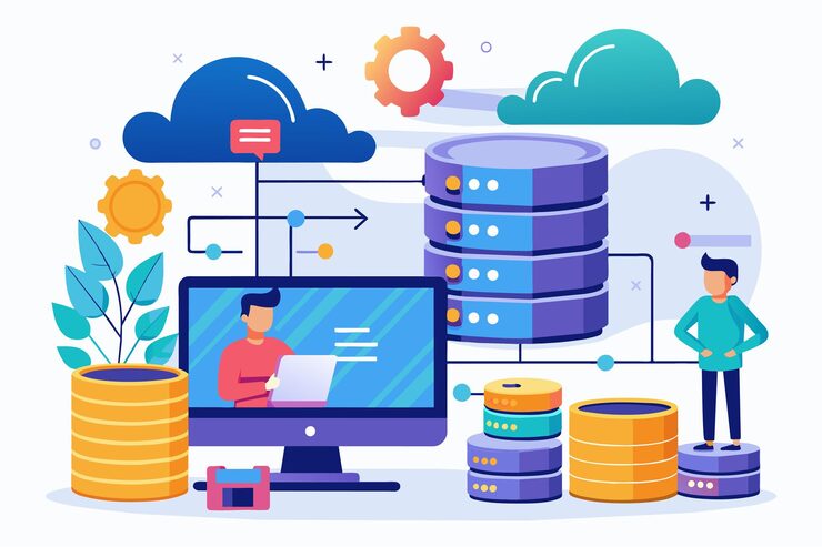 Vector a visual representation of database synchronization and backup processes with colorful elements and characters sync and backup database flat illustration